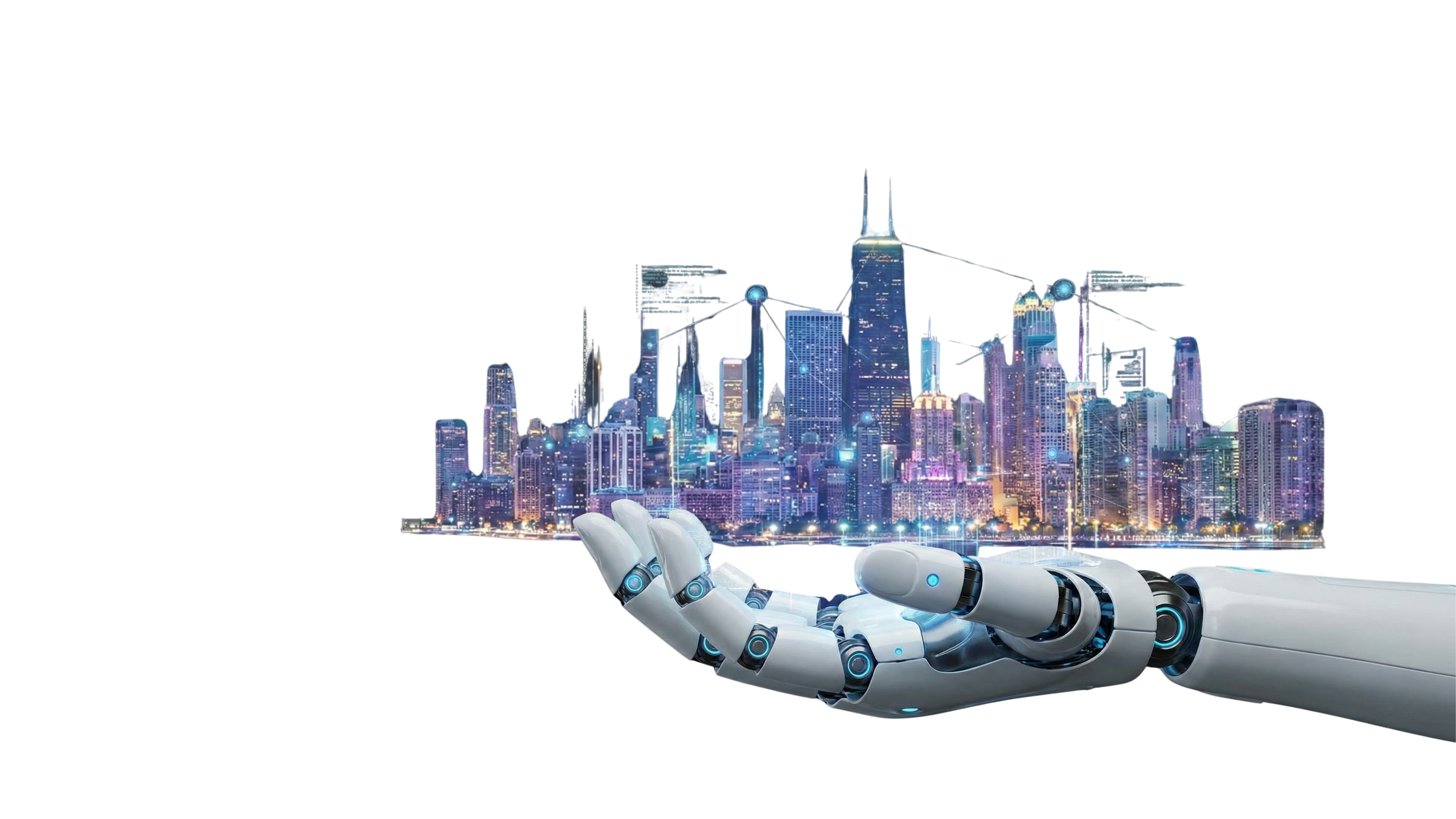 AI-Powered Innovation - Cybernetic Hand holding Chicago Skyline